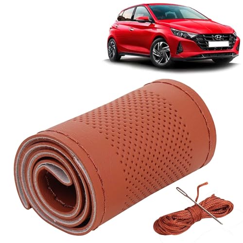 Image of KINGSWAY PU Leatherite Car Steering Cover Sewable Compatible with Hyundai I20 (Year 2020 Onwards), Tan Color with Tan Thread, Pack of 1 with Sewing Needle and Thread