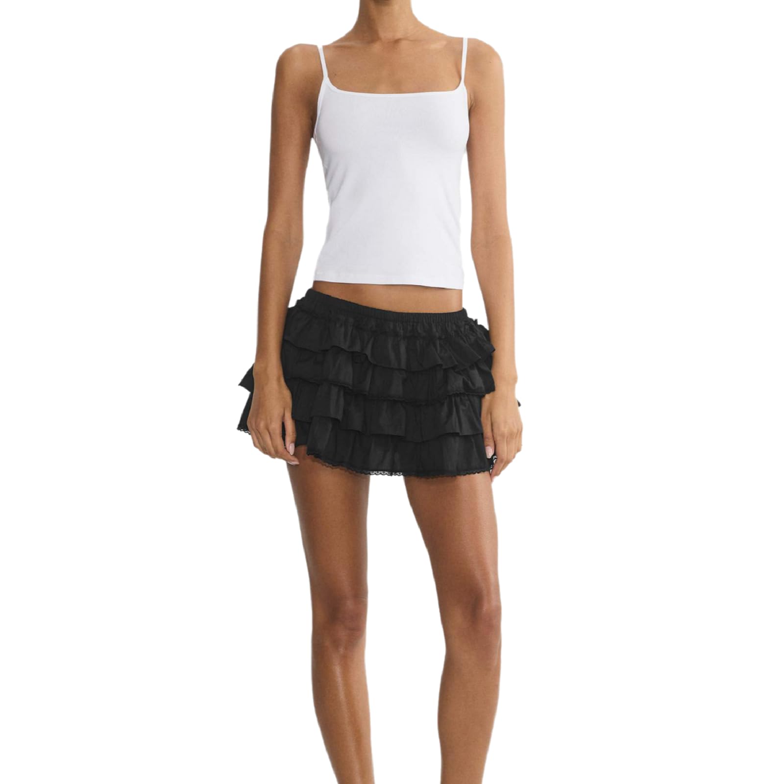 Womens Striped Tiered Ruffle Mini Skirt Layered Flounce Design Casual Skirt for Dates and Social Events