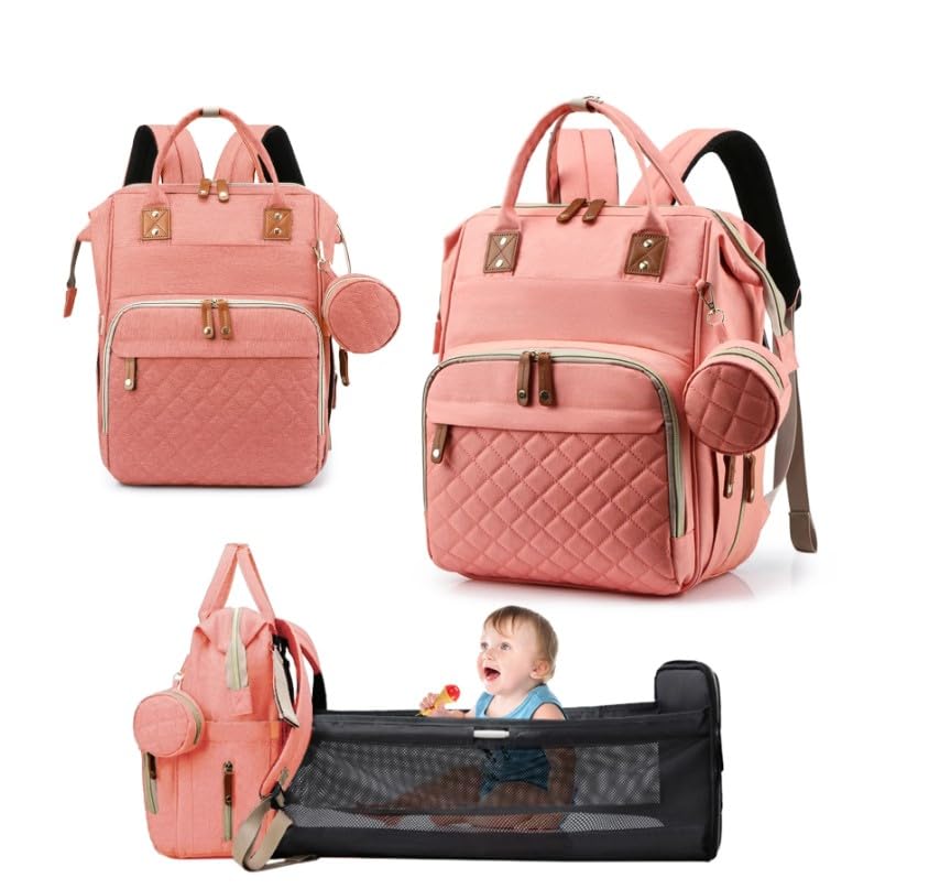 Image of Winnies Diaper Bag With Changing Station | Mummy Bag With Bassinet | Bed Changing Backpack | Backpacks | Foldable Bag | Travel Bag | Diaper Bags | Shoulder Bag | Gift (Pink)