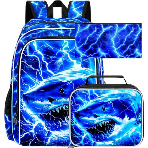 Image of 17 inch Shrak Backpack for Boy, 3Pcs Lightning Bookbag for Elementary Preschool Kindergarten, Kids School Thunder Backpacks with Lunch Box (Blue)