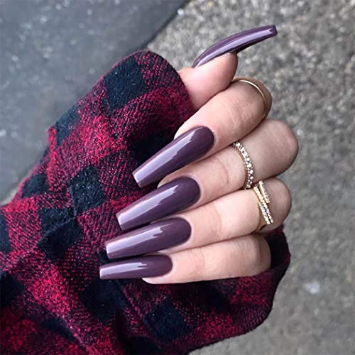 Harosy Coffin Press on Nails Black Extra Long Fake Nails Ballerina Glossy Full Cover Artificial Nails for Women and Girls 24Pcs (Black) (Dark purple)