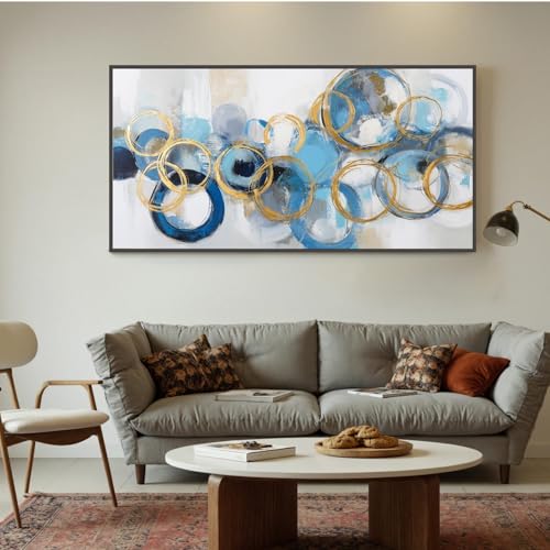 Pintura circular moderna con textura abstracta en azul y dorado para pared, 20x40cm sin marco 2