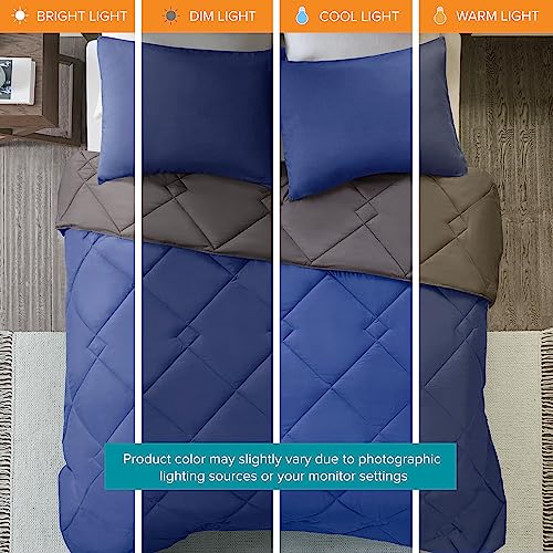 Image of Comfort Spaces a‚¬a€oe Vixie Reversible Goose Down Alternative Comforter Mini Set - 2 Piece a‚¬a€oe Navy and Charcoal a‚¬a€oe Stitched Geometrical Diamond Pattern a‚¬a€oe Twin /Twin XL Size, Includ