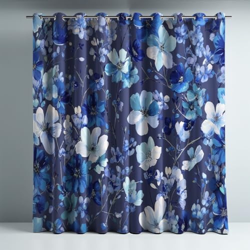Genérico Aislamiento para Dormitorio y Sala de Estar pétalos Flores Azules, Azul Floral y Cortinas Opacas, Azul-2 Juego de Dos Piezas con Anillos metálicos para Reducir el Ruido.