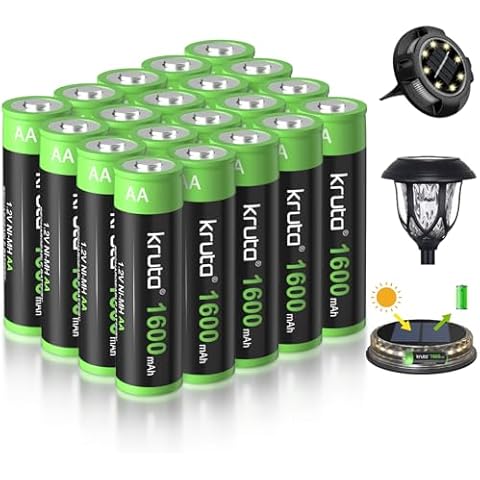 Kruta 20-Pack Rechargeable AA Batteries Pre-Charged, 1600mah NiMH Rechargeable AA Solor Batteries Double A Battery for Outdoor Solar Lights and Household Devices Cover
