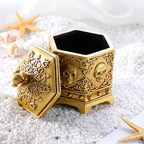 Hexagon Vintage Skull Jewelry Box, Golden Skeleton Head Jewelry Box for Home Desk Organizer Accessory .