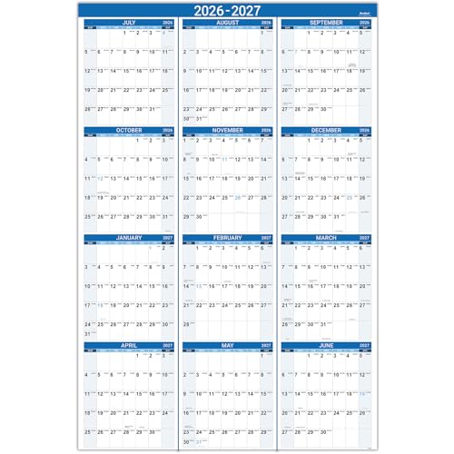 Image of 2026-2027 Yearly Wall Calendar - Jul 2026 - Jun 2027, 22.8 inch x 34.4 inch (Open), 2026-2027 Wall Calendar, Premium Paper, Double-Sided Small Round Sticks, Blue