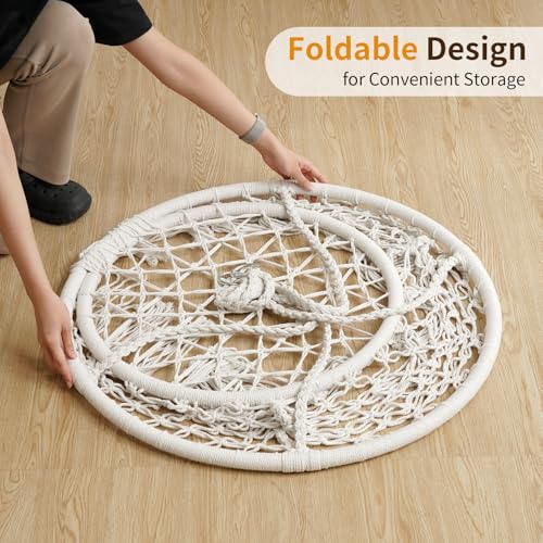 Image of Garpans Hammock Chair Macrame Swing Bohemian Style Hammock Swing Chair with Tassels Hanging Swing Chair Handmade Knitted Cotton Rope for Indoor Outdoor Bedroom Patio Max 330 Lbs White