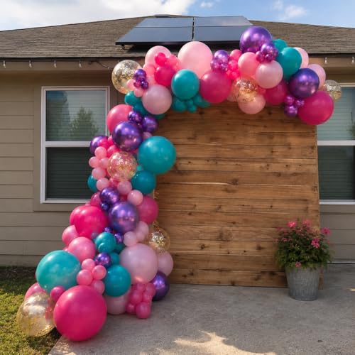 Image of Pink Blue Purple Balloons, Hot Pink Metallic Purple Teal Blue Balloon, Gold Confetti Balloons for Kids Magic Theme Birthday Girls Baby Shower Engagement Party Decorations