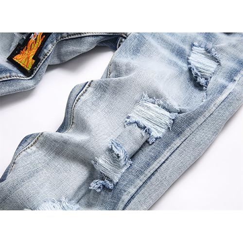 Light Blue Skinny Jeans, Elastic Four-Season Denim Pants, Embroidered Streetwear Jeans with Ripped Embroidery,292