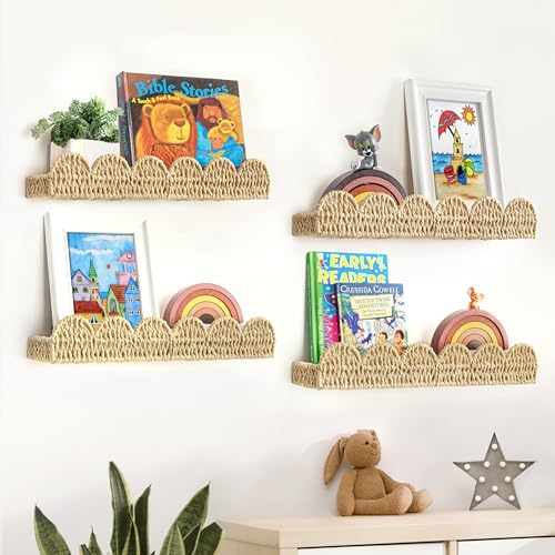 Image of AELS Scalloped Nursery Bookshelf, Set of 4, Picture Ledge Shelf for Wall Decor, Woven Straw Paper Floating Shelves for Books, Toys, Photo Frames, Nursery, Boho Modern Farmhouse Book Shelf