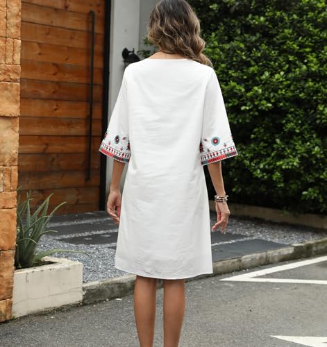 Image of Higustar Mexican Embroidered Dress Summer Cotton Bohemian Flower Peasant Traditional Mexico Fiesta Boho Dresses for Women