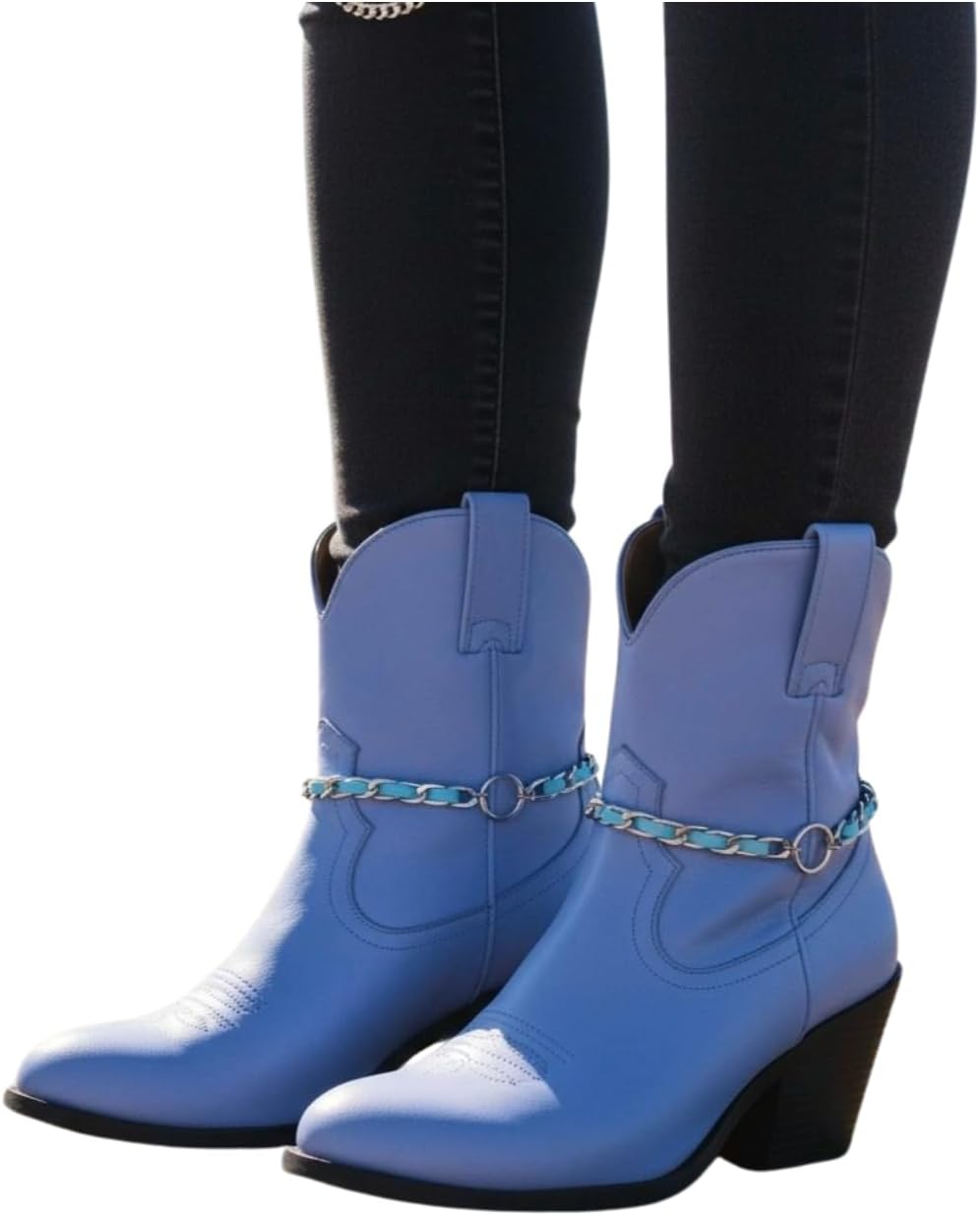 TrendyFashionJewelry Women’s Silver Boot Chain Bracelet Anklet Set With Turquoise Inlay Band, Center Ring Charm, Adjustable 11 In–15 In, Pair 2PCS, BC269