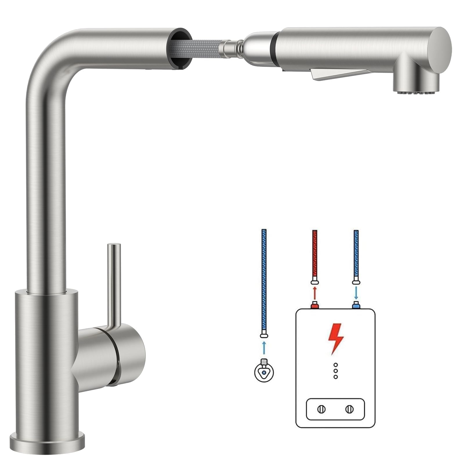 Niederdruck Armatur Küche Ausziehbar, Wasserhahn Küche Niederdruck mit 3 Anschlüssen für Boiler & Untertischgeräte, Küchenarmatur Edelstahl gebürstet, Spültischarmatur mit 2 Strahlarten Brause