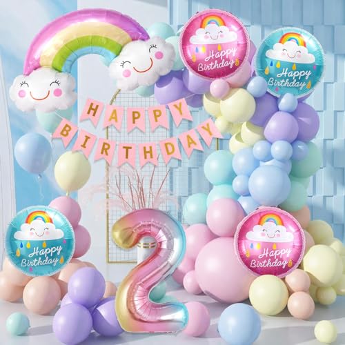 Image of 2nd Birthday Decoration Kit with Rainbow Foil Balloon, Number 2 Foil Balloon, Two Year Bday Party Foil Balloons and Pastel Latex Balloons for Party Decoration Set of 59 Pcs