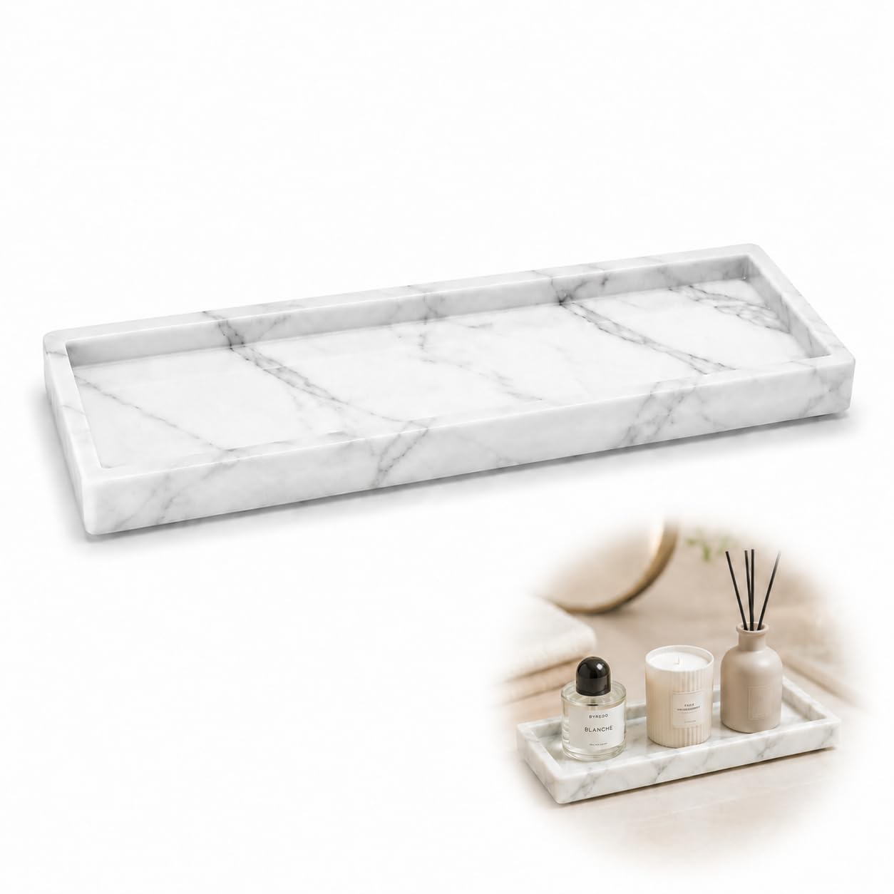 Marble Effect Vanity Organiser Tray, White, Raised Rim, 30 x 12.6 cm