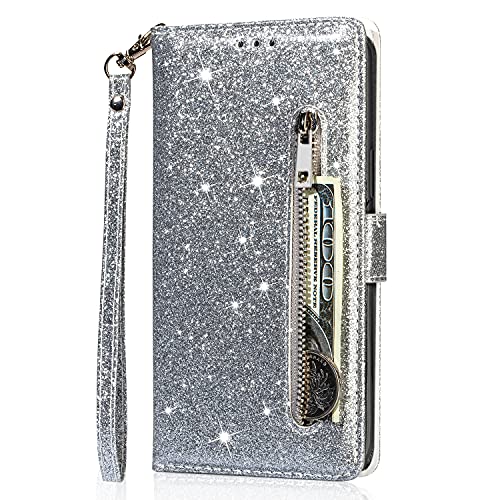 Cover per Samsung Galaxy A12 5G Custodia in Pelle PU Bling Glitter Libro Portafoglio con Tasca Zip Slot per Carte Supporto Chiusura Magnetica Protezione Wallet Case per Samsung Galaxy A12 5G,Bianco