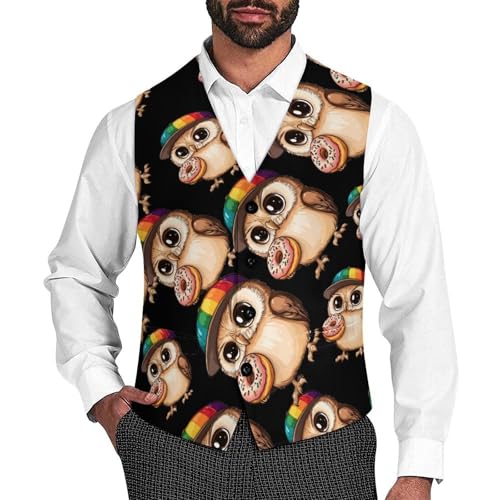 Owl Eats Doughnut Men's Suit Vests Business Formal Dress Vest V-Neck Waistcoat for Wedding Casual