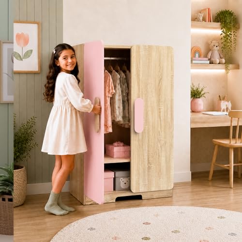 Image of Alex Daisy Romania Kids 2 Door Wardrobe for 3-12 Years| Non-Toxic Safe Material | Soft Coated Premium Finish | Engineered Wood Kids Bedroom Storage Cupboard (Pink, Medium)