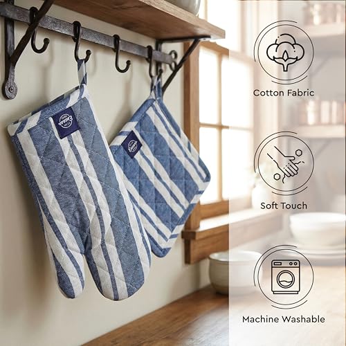 Image of Encasa XO Heat Resistant 100% Cotton Oven Glove & Potholder Set with Loop, Kitchen Cooking Mittens, Microwave Safe Hot Pads (Franca Blue Stripes)