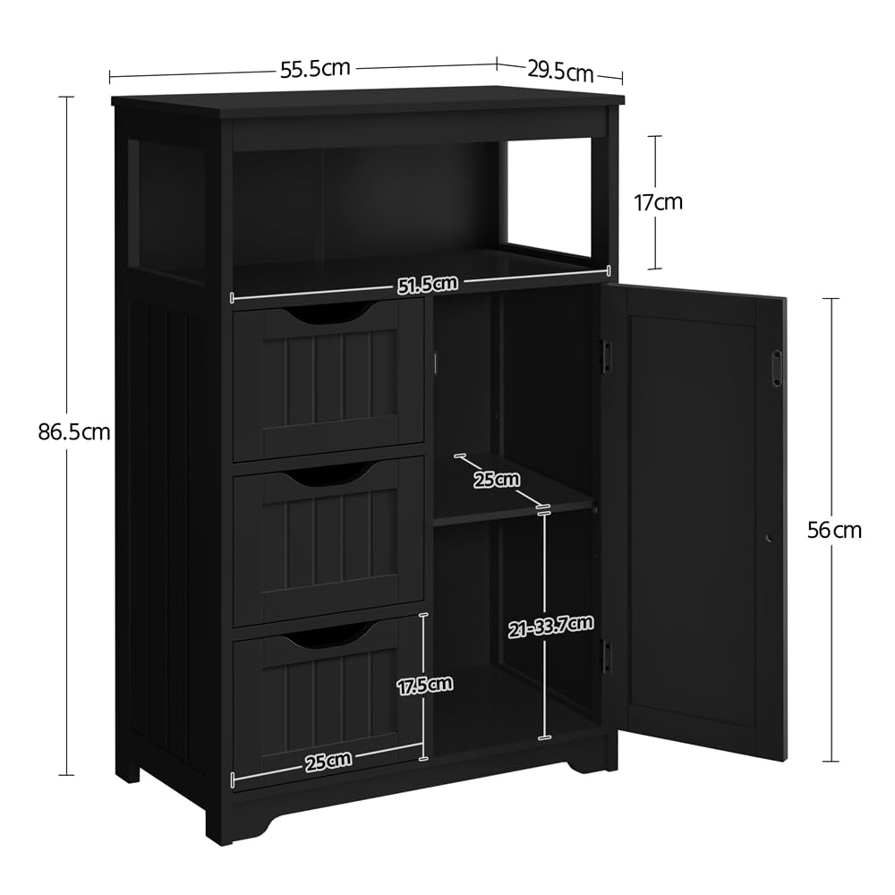 Yaheetech Badezimmerschrank, Unterschränke Beistellschrank, Badschrank mit 3 Schubladen und 1 Tür, verstellbare Regalebene, Wohnzimmer/Küche/Flur, Schwarz