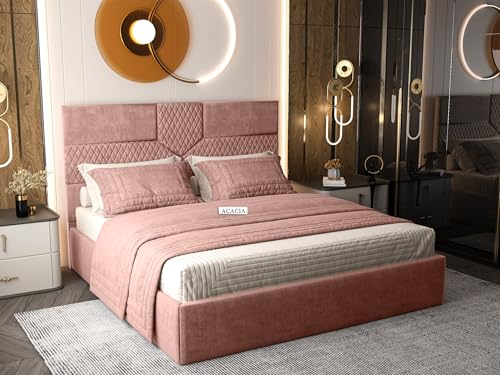 Image of Acacia Modern Upholstered King Size Bed with Box Storage for Bedroom | Wooden Double Bed with Storage | Platform Cot Bed with Upholstery Premium Fabric | 6.5 x 6 Ft | Sheesham Wood (Salmon Pink)