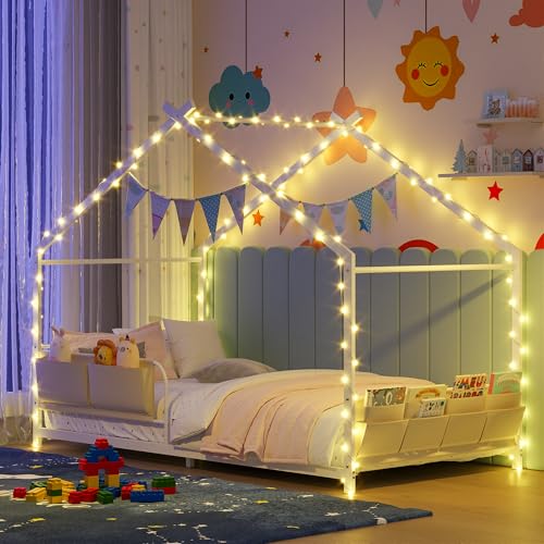 Timy House Shape Twin Size Montessori House Bed Metal Floor Bed with Caddy Twin Bedframe for Kids No Box Spring Needed White - Thumbnail 4