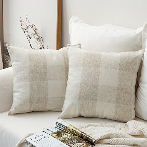 MIULEE Pack of 2 Farmhouse Buffalo Check Plaids Polyester Linen Soft Soild Decorative Square Throw Pillow Covers Home Decor Outdoor Cushion Case for Sofa Bedroom 18x18 Inch Cream White and White