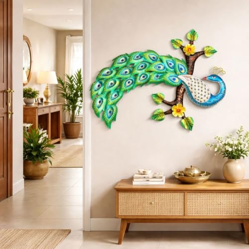 Image of Framing Hub - Metal Big Hand Painted Peacock Wall Art Decor | Decorative Wall Sculpture for Living Room Bedroom Drawing Room Office (Size 30x22 Inch)