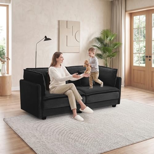Image of 78.4 inch Corduroy Loveseat, Small Sectional Sofa for Small Spaces, Apartment, Home Office, or Cozy Corner, Black