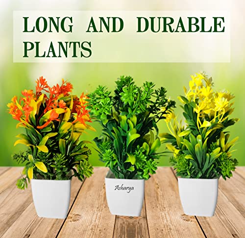 Image of Artificial Flower Plants for Home Decor - Set of 3 Mini Potted Plants in White Pots | Ideal for Living Room, Office, Indoor Outdoor Decoration