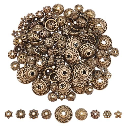 UNICRAFTALE 198pcs 9 Styles Bead Caps: Antique Bronze Metal Flower