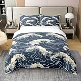 Homewish Sea Wave Coton Adult Comfort Housse Hommes Femmes Bleu Océan Housse de Couette Japonais Ukiyo E Literie Set Nautique Eau de Mer Drap Set avec Fermeture À Glissière 200x200