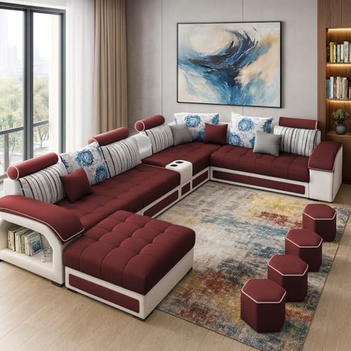 Image of Casaliving Yamir Modern U-Shaped Sectional Sofa Set with Storage, 9 Seater, Sofa Couch with 4 Puffy for Hall Guest Room (Maroon & Grey) Premium Fabric Sofa Set