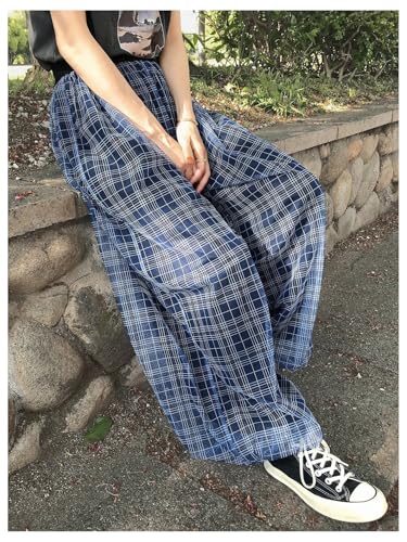 MakeMeChic Women's Plaid Print Baggy Pants Elastic Waisted Wide Leg Y2K Trousers4