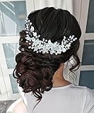 Unicra Blumen-Braut-Haarschmuck für Hochzeiten, silberfarbene Perlen, Haarschmuck, Blatt, Strass, Brautschmuck, Kopfschmuck für Frauen und Brautjungfer