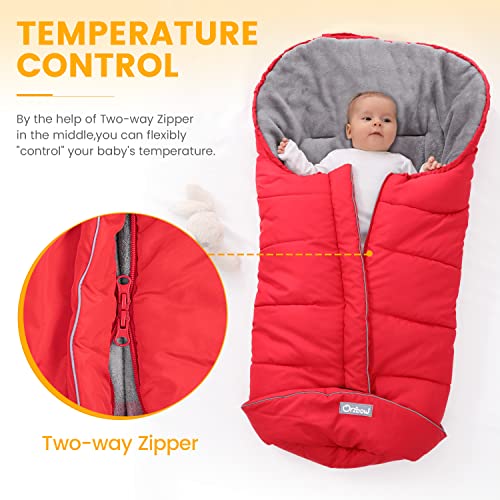 Image of Orzbow Stroller Footmuff Universal - Weather-Proof Bunting Bag for Toddler, Warm Fleece Sleeping Bag for Cold Weather, Easily Attaches to Most Strollers, Baby Boys Girls Winter Essentials, Red