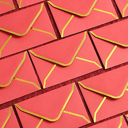 Heavy Duty Mini Envelopes With Gold Border - 48 Pk - Christmas Gift Card Envelopes Small Envelope For Note Cards Business Card Wedding Red Envelopes 3.9 X 2.75 Inches #TOP5