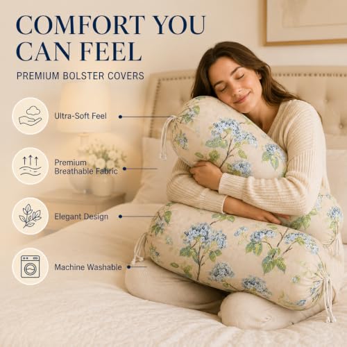 Image of Clasiko Cotton Bolster Covers Set of 2, Champagne Garden, Standard Size