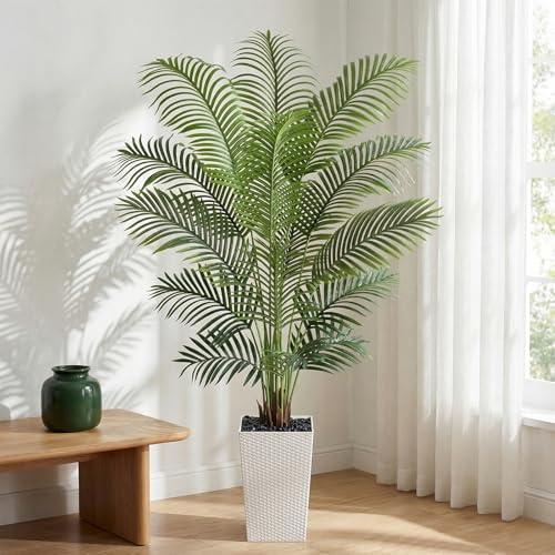 Image of 6ft Artificial Palm Tree with White Planter - Tall Fake Palm Tree Indoor Fake Tropical Plant for Home Office Living Room Bedroom Modern Decor