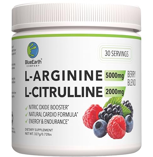 BlueEarth Company L-Arginine 5000mg + L-Citrulline 2000mg Complex Powder Supplement - Nitric Oxide Booster - Heart Health Blood Flow Energy & Endurance - 30 Servings (Berry Blend)