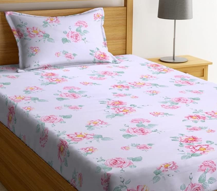 Image of NHD HOME Premium Glace Cotton 180 TC Flat Single Bedsheets for Summer Breathable | Wrinklefree (Size-60 X 90 Inch) with 1 Pillow Covers (Size-17 X 27 Inches, Small Floral Pink)