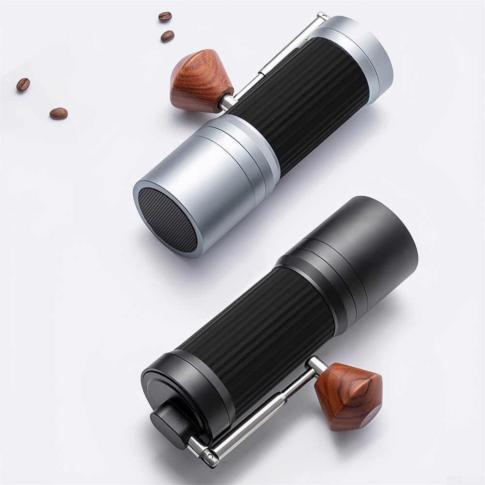 Molinillo de café manual, molinillo de rebabas ajustable de acero inoxidable con 24 ajustes de molienda, mango plegable portátil para espresso vertido, viajes, camping, negro (plateado)