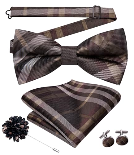 Hi-Tie Pretied Bow Ties for Men Wedding Formal Bow Tie Handkerchief Cufflinks Lapel Pin Set Party Formal Mens Bowtie Set, Brown Plaid