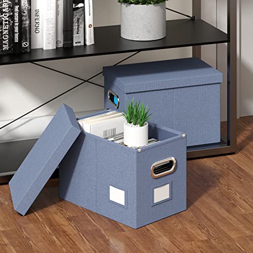 Dywmm File Folder Organizer - Set Of 2 Collapsible Decorative Linen Filing Storage Hanging File Box With Lids Office File Cabinet For Space Saving (14X9.3X10.9 Inch) (Navy Blue) #TOP2