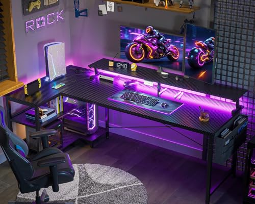 Image of ODK 66 Inch Gaming Desk with USB Charging Ports and LED Lights, Reversible L Shaped Computer Desk with Storage Shelves & Monitor Stand, Corner Gamer Desk Table with Power Outlets, Carbon Fiber Black