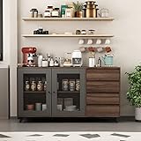 AIEGLE Kitchen Buffet Cabinet, 63" Wide Large Storage Cupboard Pantry with 2 Glass Doors & 4 Drawers