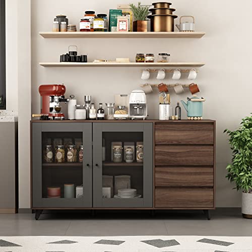 Aiegle Kitchen Buffet Cabinet, 63" Wide Large Storage Cupboard Pantry With 2 Glass Doors & 4 Drawers, Sideboard Buffet Cabinet For Kitchen Storage, Dark Walnut (63" L X 15.7" W X 34.3" H) #TOP4