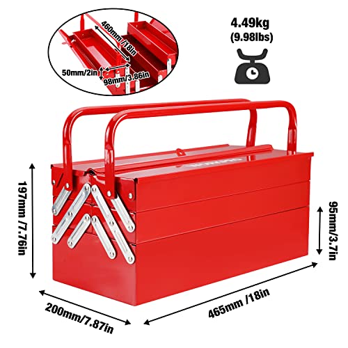 Image of WORKPRO Metal Tool Box, 18-inch Cantilever Folding Red Storage Box, 3-Layer 5-Tray Multi-Function Tool Organizer, Red