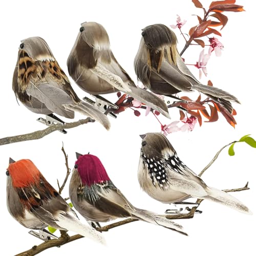 xlwen Pajaros Decorativos con Plumas, 6 Piezas Pájaro De Plumas Artificiales,Figuras de Pájaros,Decoración de Pájaro,Figura de pájaro pequeño para Manualidades Bricolaje, Boda, casa, Fiesta